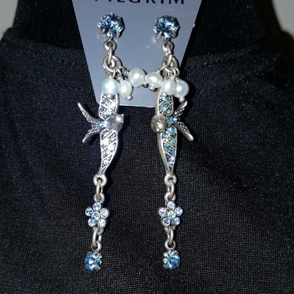 Blue crystal bird and flowers earrings